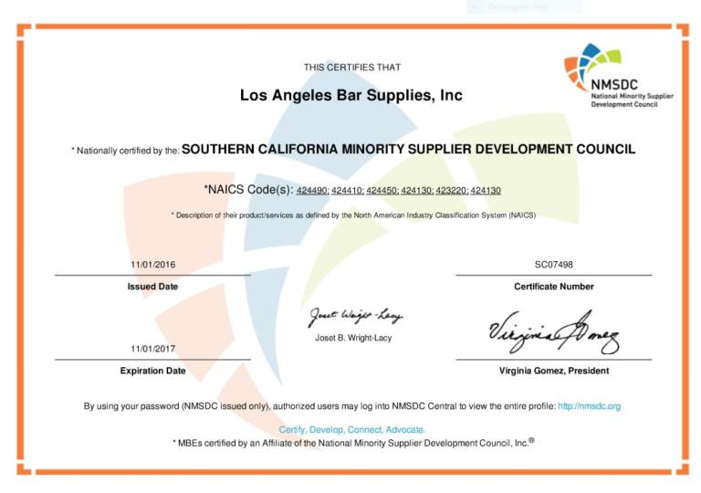 Los Angeles Bar Supplies is now an approved Minority Business